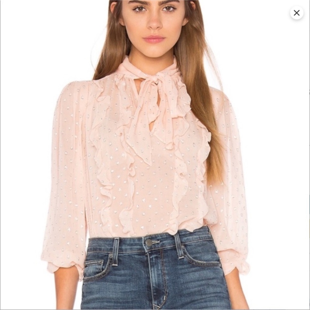 Rebecca Taylor x Revolve Metallic Dot Ruffle Blouse Long Sleeve 100% silk Sz:10